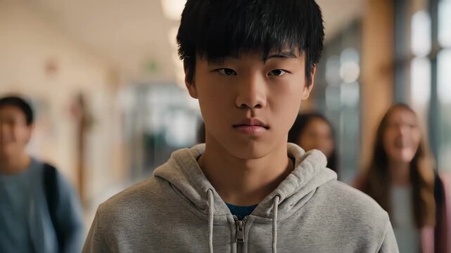 Young Asian male student experiencing bullying in a school hallway. Teenager feeling isolated and sad while classmates laugh in the background. Social exclusion and mental health concept