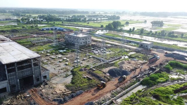 Drone Aerial View of Power Station Construction and Energy Infrastructure Development. 
