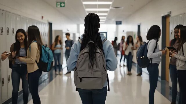 Teenager walking alone down a school hallway. Isolated student with a backpack amidst social groups. Youth and education concept