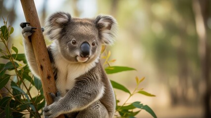 Fototapeta premium Fluffy koala clinging to eucalyptus tree branch in Australian forest. Wildlife photographer's close-up of marsupial in natural habitat.