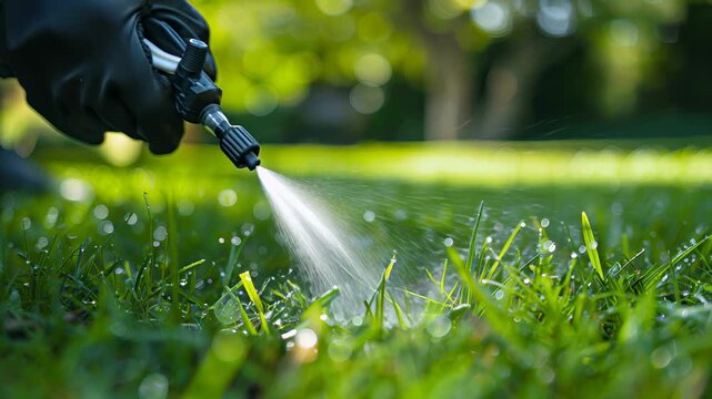 Professional applicator using pest control spray on vibrant green lawn for effective pest management