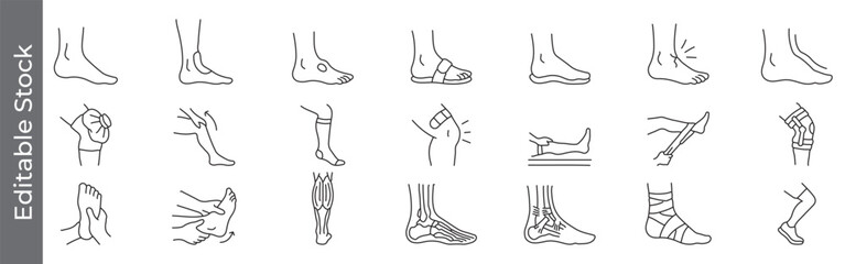 Foot, ankle and podiatry health icon set – editable outline symbols of pain, injury, swelling, leg, sprain, bandage and anatomy