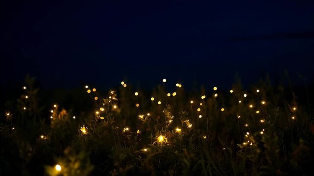 Abstract fireflies in summer night background with pulsing warm yellow lights in indigo