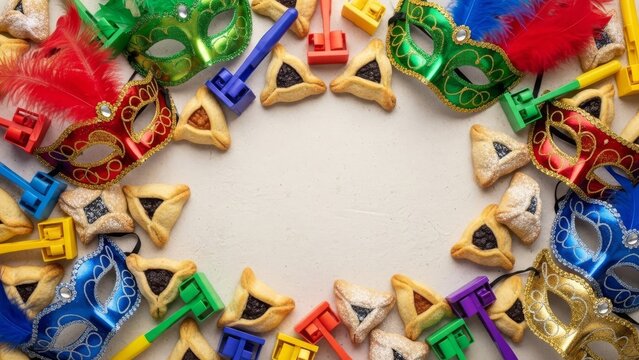 Purim celebration flat lay with colorful masks and hamantaschen on textured background