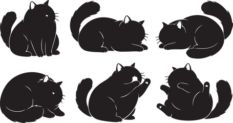 Set of 6 cute black cat vector illustrations in various poses, featuring adorable cartoon feline characters for pet-themed designs and animal lover projects © Asma