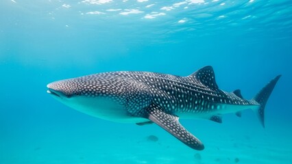 Fototapeta premium Majestic whale shark swims in clear blue tropical ocean water.