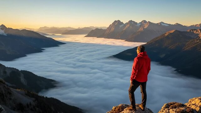 Solo Male Hiker in Red Jacket Standing on Peak Above Cloud Inversion at Sunrise