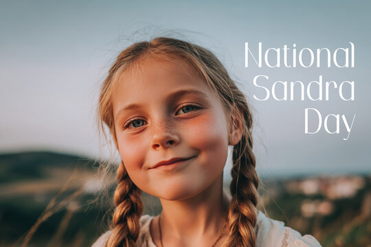 Smiling young girl with blonde hair in braids poses outdoors with rolling hills in the background. National Sandra day concept