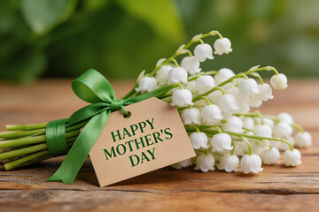 Naklejka premium Mothers day celebration with bouquet of lily of valley flowers on wooden background for happy mom anniversary