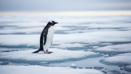 Obraz premium A single Gentoo penguin stands on floating ice in Antarctica. A lone Gentoo penguin stands on a frozen landscape in Antarctica.