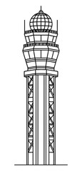 Obraz premium Simple black and white line drawing of a control tower with multiple levels and a distinctive grid pattern on the top section