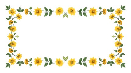 Obraz premium Sunflower border frame with green leaves, yellow flowers, floral decoration