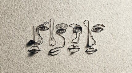 Abstract line art faces composition on textured paper background