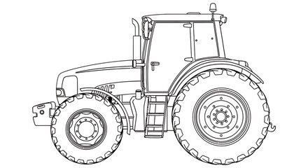 Obraz premium A detailed black and white technical drawing of a tractor viewed from the side showcasing its design and mechanical features with precision and clarity for industrial or agricultural use.