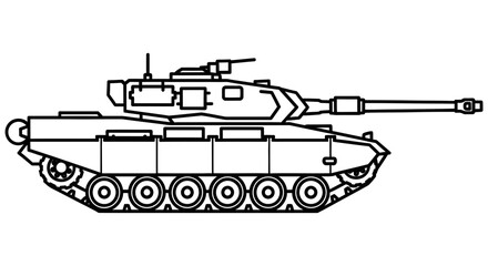 Obraz premium Simple black and white illustration of a tank with a long cannon and tracks facing right side profile