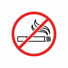 No Smoking sign vector illustration with a black outline cigarette and smoke inside a red circle with a diagonal line, isolated on a white background