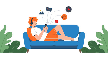 Obraz premium Relaxed individual enjoying digital content and snacks on a cozy couch Vector