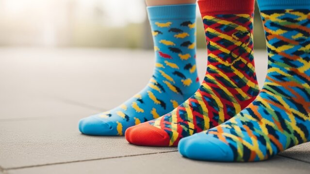 Close-up of three people's legs wearing colorful patterned socks standing on an outdoor patio pavement.