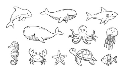 Hand Drawn Sea Animals Doodle Vector Icon Pack © Songkari