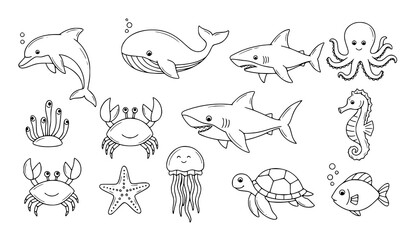 Minimal Hand Drawn Sea Animals Doodle Vector Set © Songkari