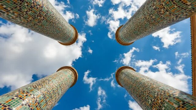 Looking Up at Four Ornate Mosaic Pillars Against a Blue Sky with Clouds, Architectural Detail