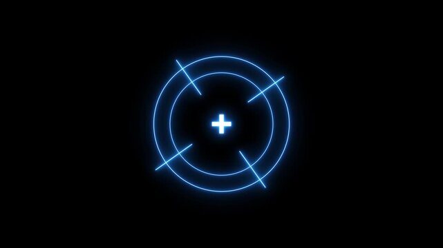 Neon blue crosshair reticle targeting system glowing on black background futuristic H U D element digital interface graphic animation