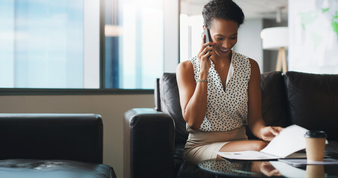 Phone call, business and woman with document on sofa in office for financial deal, offer or listen. Mobile, reading paperwork and happy advisor in company for wealth management, equity or investment
