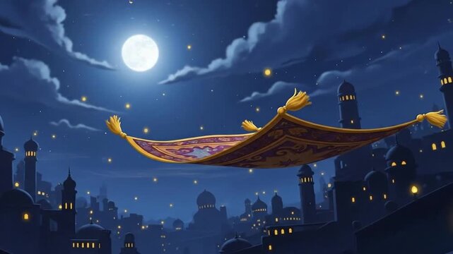 Magic Carpet Flying Over Arabian City at Night, Full Moon, Stars, Fantasy Adventure Motion Graphics