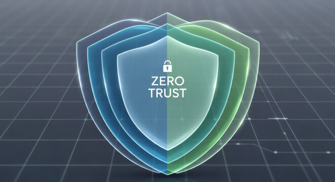 Cybersecurity concept of zero trust network access, represented by layered shields with a lock icon and digital grid background