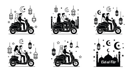 Silhouettes of couples riding scooters under hanging lanterns © MdNirob