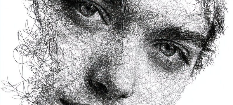 Abstract portrait of person created with artistic lines on white background