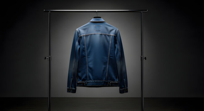 Blank blue denim jacket mockup hanging on a rack against a dark wall