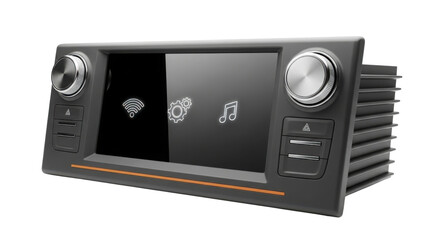 Fototapeta premium Modern car stereo system with touchscreen display, silver rotary knobs, and black plastic casing, featuring Wi-Fi, settings, and music icons on a white background