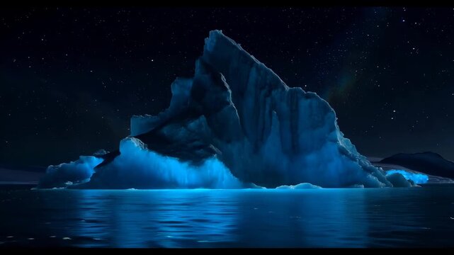 Abstract nocturnal iceberg monolith background with dark silhouette and glowing submerged base
