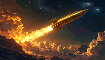 Fototapeta premium A golden spacecraft ascends through a fiery blast, soaring against a backdrop of nebulae, clouds, and snow-capped mountains