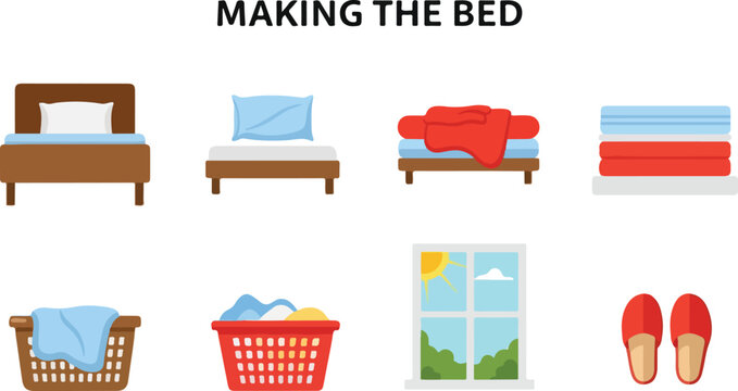 Illustration of making a bed Shows bed pillow folded blanket stack of towels baskets window and slippers