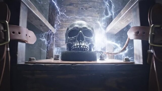 Metallic Human Skull Electrocution Apparatus Setup with Intense Blue Electrical Arcs and Leather Straps