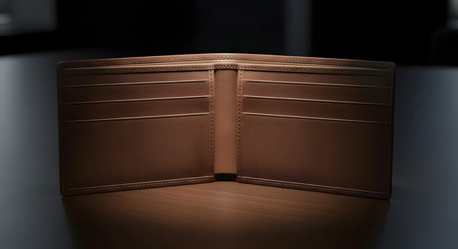 Open brown leather wallet mockup showing empty card slots