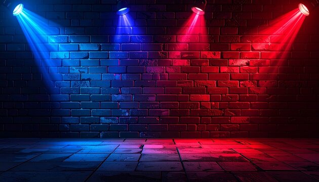 Brick wall illuminated by red spotlight from left and blue spotlight from right, blending into gradient center, creating dramatic contrast, theatrical mood, and artistic visual atmosphere.