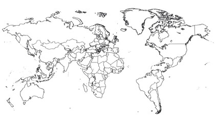 Fototapeta premium A black and white line art illustration of a world map on transparent background