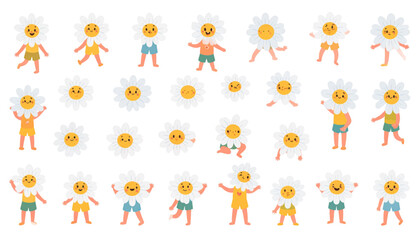 A colorful vector graphic illustration of smiling flowers and people on transparent background