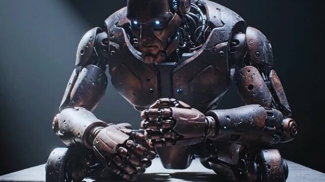 Detailed footage of a heavily weathered and intimidating science fiction robot contemplating deeply with glowing blue eyes video clip