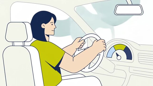 A clean flat design cartoon animation shows a woman with dark hair driving a car and holding the steering wheel inside a minimal vehicle interior.