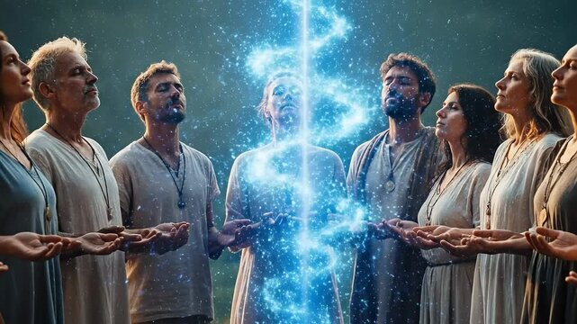 Spiritual Community Group Performing Energy Healing Ritual with Blue Light Beam