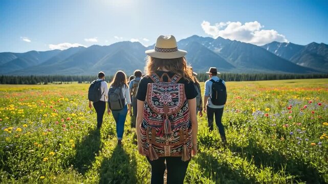 Diverse young friends on a boho style hiking trip through wildflower meadows with mountain views