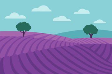 Naklejka premium beautiful lavender flowers field peaceful landscape nature view background flat color vector illustration template design