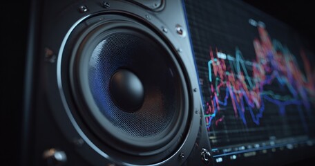 Close up of a large black speaker and a digital audio waveform display
