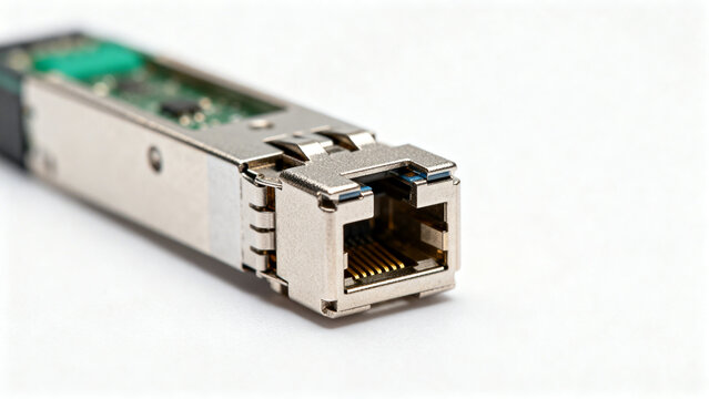Close-Up SFP Fiber Optic Transceiver Module with RJ45 Port on White Background