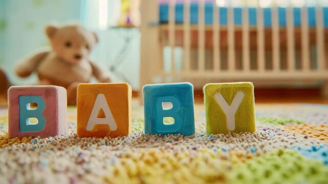 Colorful blocks spelling "BABY" on a carpet with bear in the background.