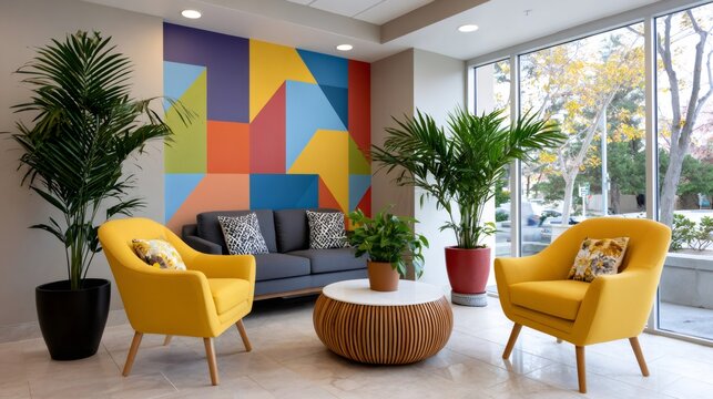 Modern office lobby with colorful geometric wall art